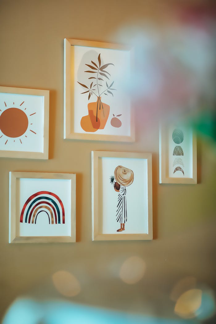 Minimalist wall art collection showcasing abstract illustrations in a cozy setting.