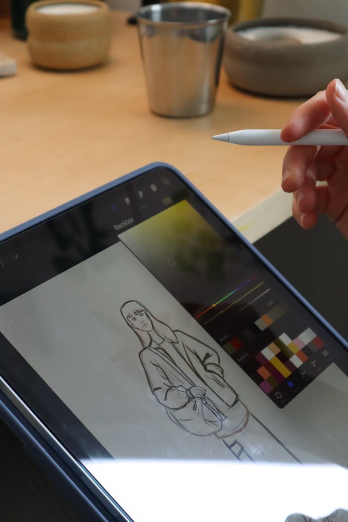 Person drawing a sketch on a tablet with a stylus indoors.