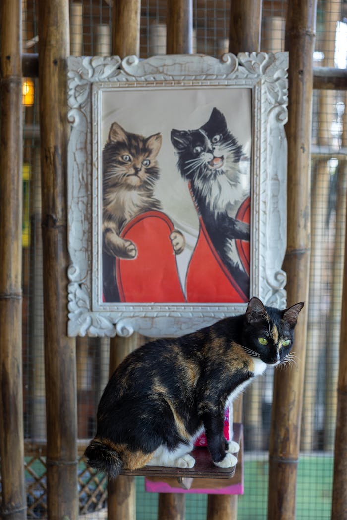 Home A live cat sitting in front of a framed artwork depicting two playful cats, set in a rustic environment.