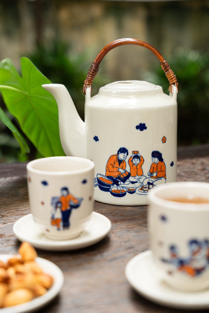 Cozy ceramic teapot and cups with family illustration for a relaxing tea time.