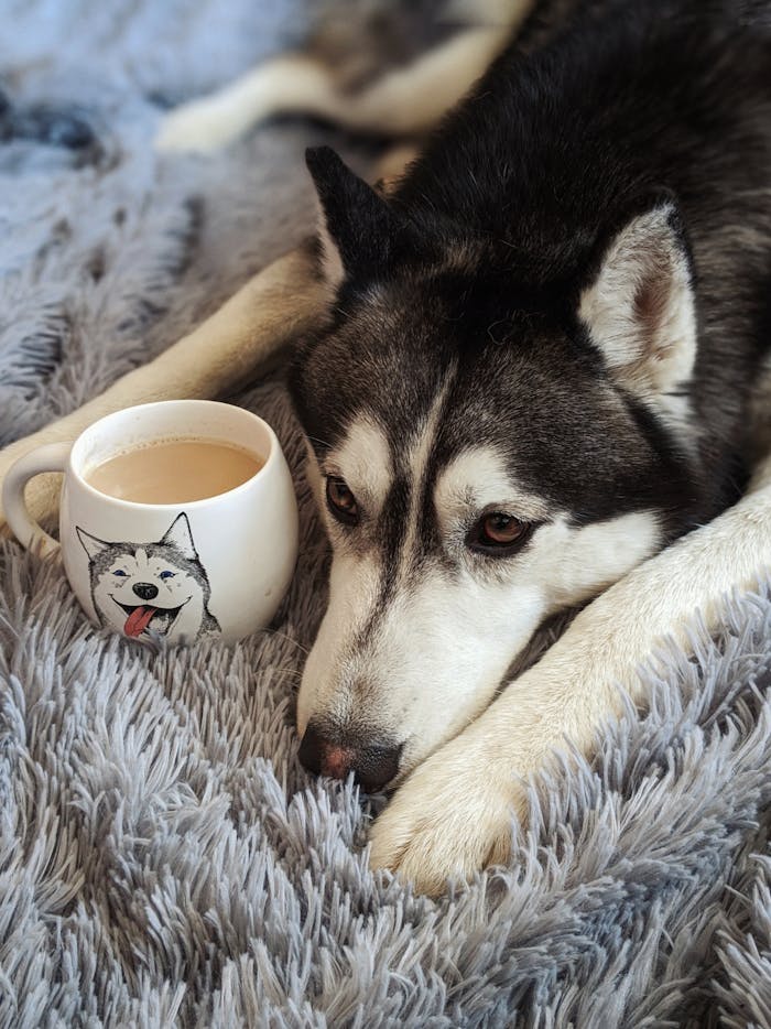 Home A cozy Siberian Husky rests on a plush rug next to a coffee cup featuring a husky design.